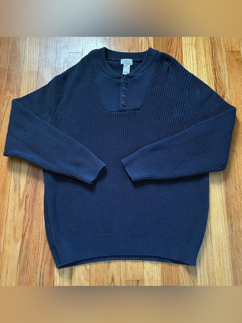 L.L. Bean Blue Cotton Knit Henley Crew Neck Pullover Casual Sweater Men’s XL
